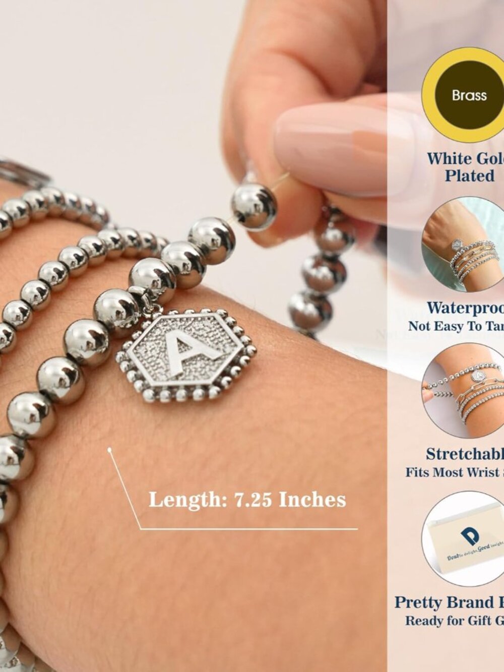 Gold Bracelets for Women, 14K Gold Plated Stackable Initial Beaded Bracelet with - Picture 5 of 6